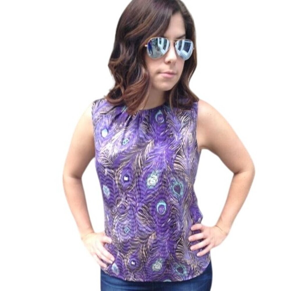 Tory Burch Purple Peacock Print Silk Blouse